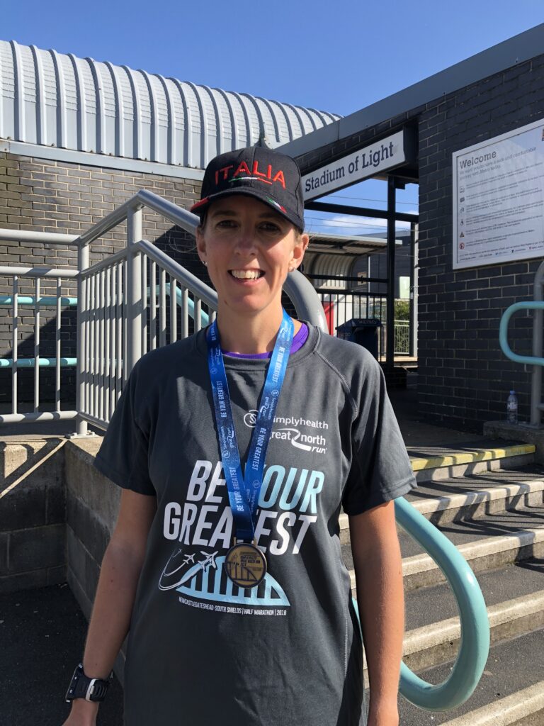 Fiona after completing the Great North Run with a PB time in 2018