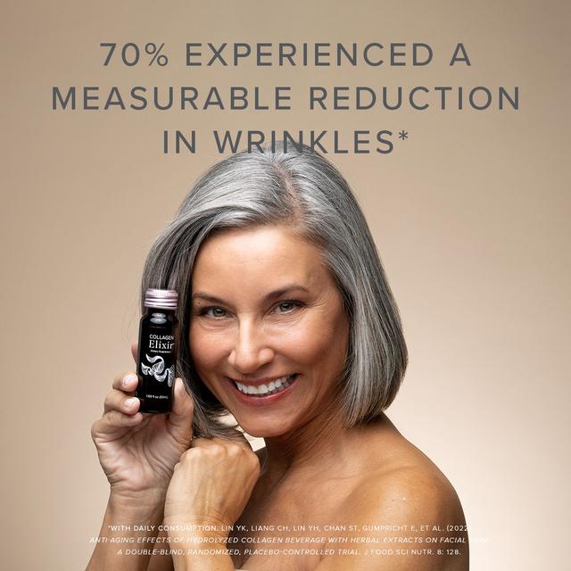 Image of woman with grey hair, smiling and holding a bottle of Collagen Elixer with the headline 70% experienced a measurable reduction in wrinkles (small print: with daily consumption)